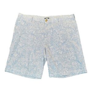 IZOD, MENS, FLAT FRONT, BLUE & WHITE PRINT ON STRIPE, SHORTS. SIZE 40